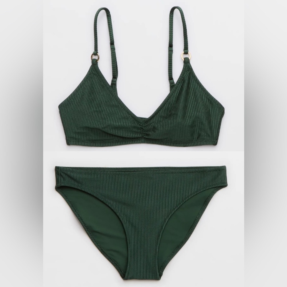 NWT Aerie FULL SET Beach Babe Shine Rib Voop + Full Coverage Bottom Sycamore XS